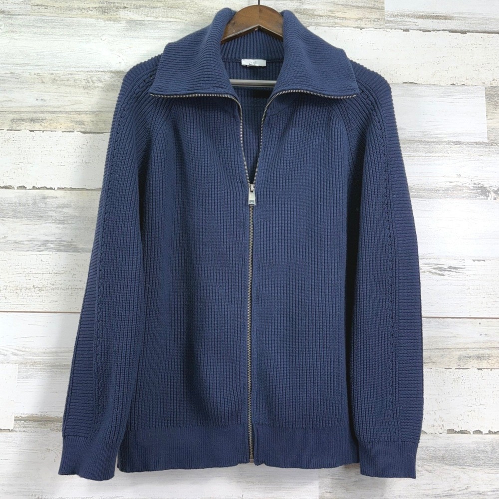 J Jill Navy Blue Ribbed Knit Full Zip Mock Neck Collared Sweater Cardigan XL